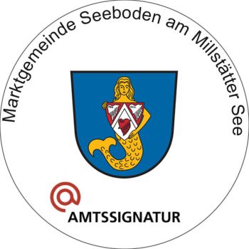 Die AMtssignatur der Marktgemeinde ist ein Stempelartiger runder Kreis mit dem gemeindewappen (Die Nixe) im Mittelpunkt.