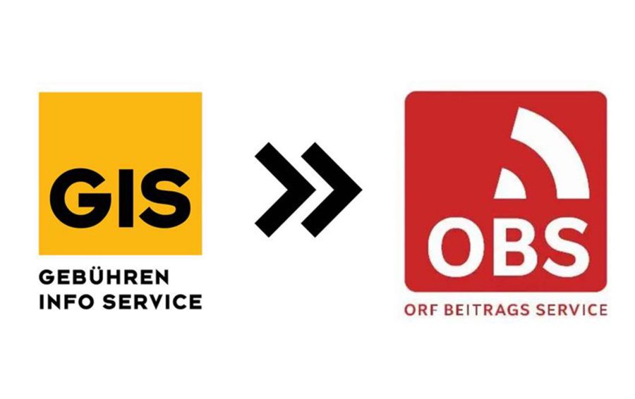 DAS GIS LOGO mit gelbem Hintergrund wird zu dem neuen OBS LOGO. OBS heißt: ORF Beitrags Service. Ein rotes Logo mit weißer Aufschrift. Über den Link kommen Sie direkt auf die Seite des OBS, um alle Fragen zu klären.